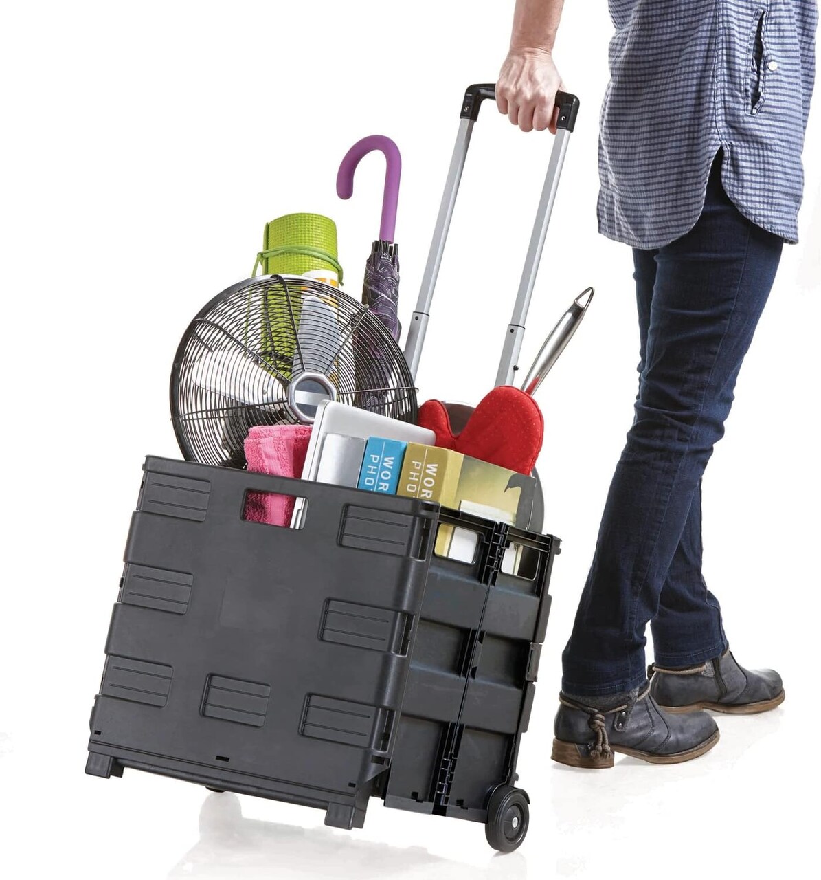 Collapsible Ultra-Slim Pack-N-Roll, 2 Wheel Utility Cart , With Telescopic Handle - Super Strong up to 80 Lbs Load Capacity, Black